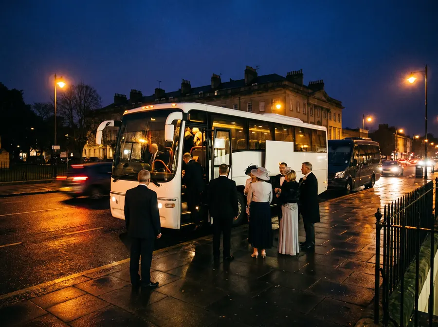 A white touring coach with a minibus parked behind it at night on the road beside Langtons House in Hornchurch, a wedding party in hats and formal dress boarding under orange streetlights on wet tarmac