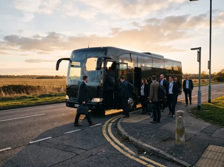 A black executive touring coach at the kerb in low golden late-afternoon sunlight on the road beside the former RAF Hornchurch airfield, open flat grassland behind, a corporate group with laptop bags and lanyards boarding